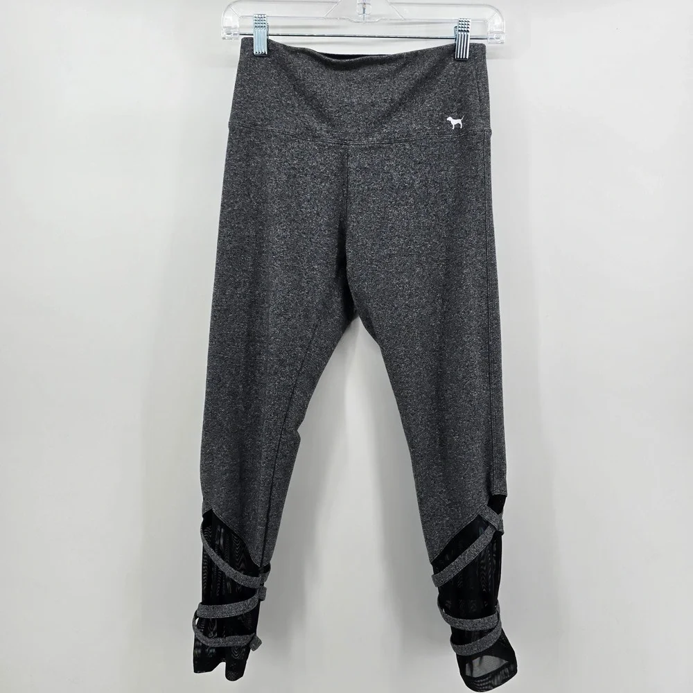 Victorias Secret PINK Yoga Leggings Womens M Gray Mesh Strap Capri Activewear